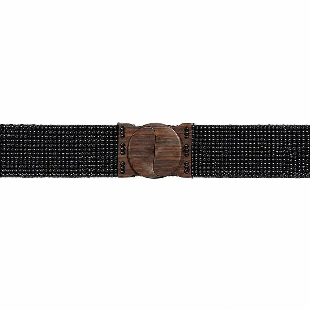Vintage Black Beaded Stretch Belt Wooden Buckle Boho Resort Waist Belt
